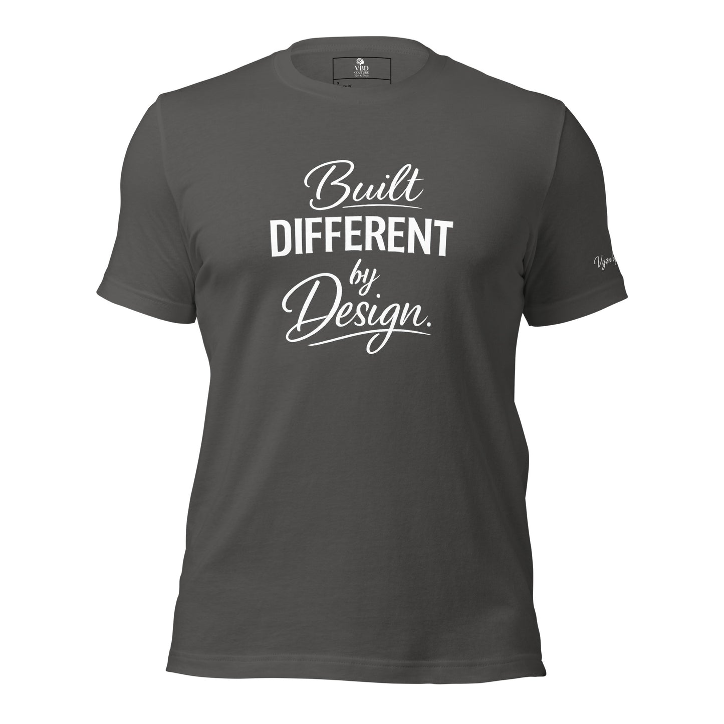 Unisex silver shirt with premium typography reading Built Different by Design by VBD Couture from the Design to Be Different collection