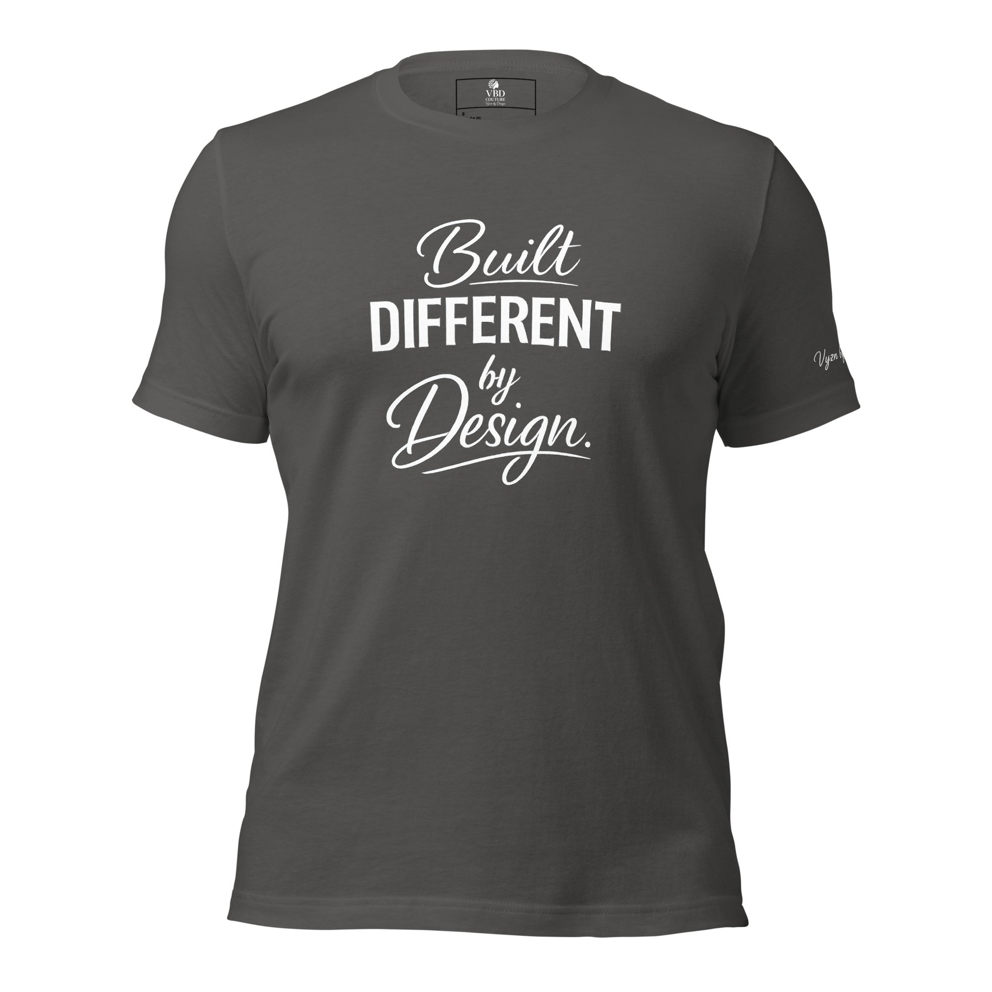 Unisex silver shirt with premium typography reading Built Different by Design by VBD Couture from the Design to Be Different collection