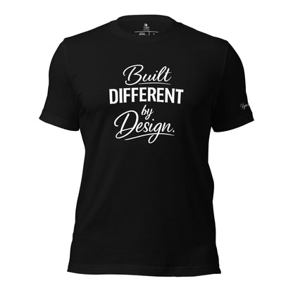 Unisex black shirt with premium typography reading Built Different by Design by VBD Couture from the Design to Be Different collection