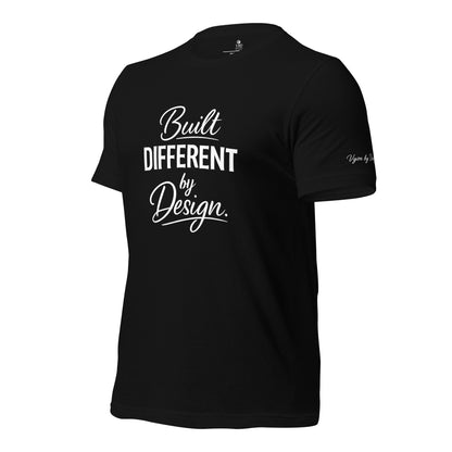 Unisex black shirt with premium typography reading Built Different by Design by VBD Couture from the Design to Be Different collection