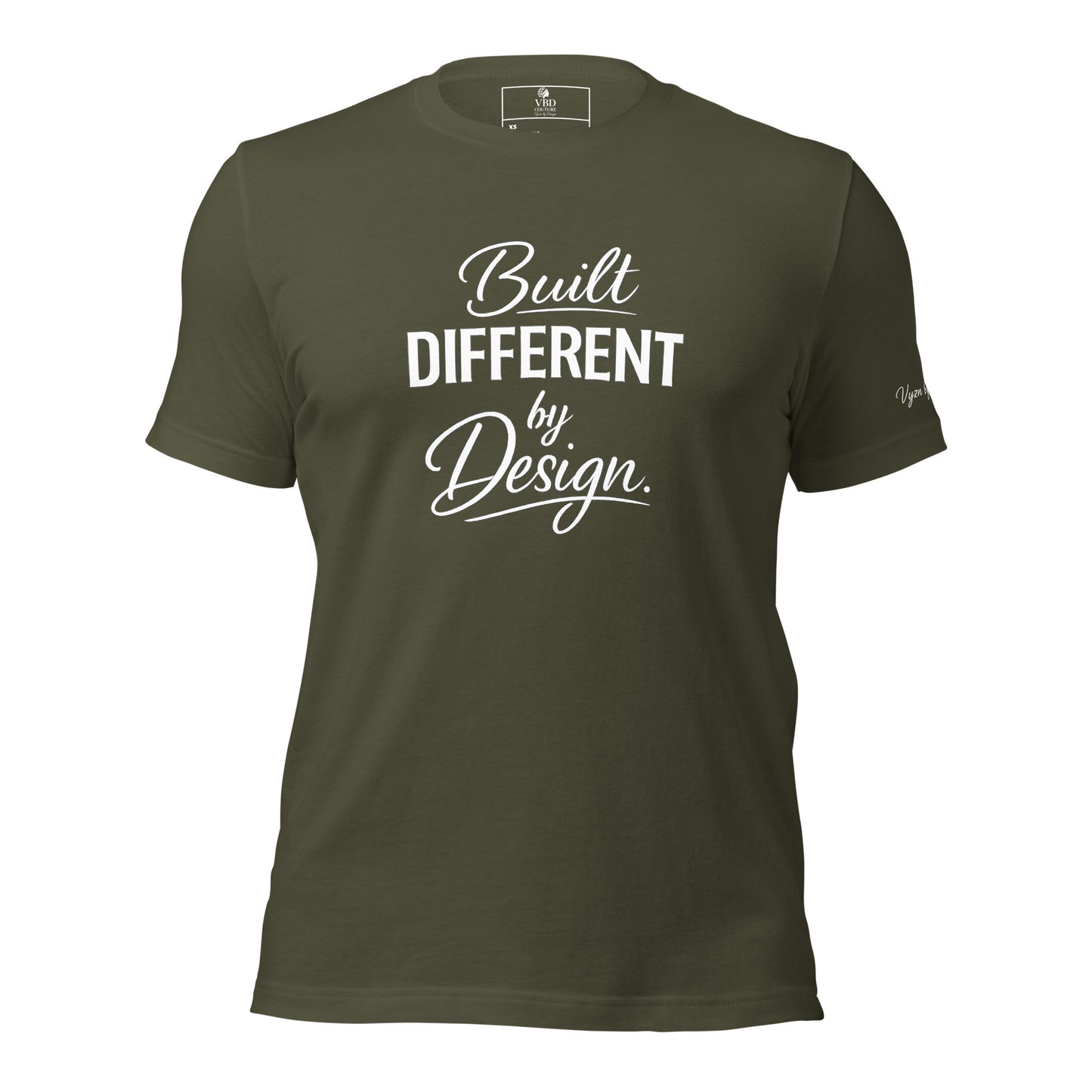 Unisex army shirt with premium typography reading Built Different by Design by VBD Couture from the Design to Be Different collection
