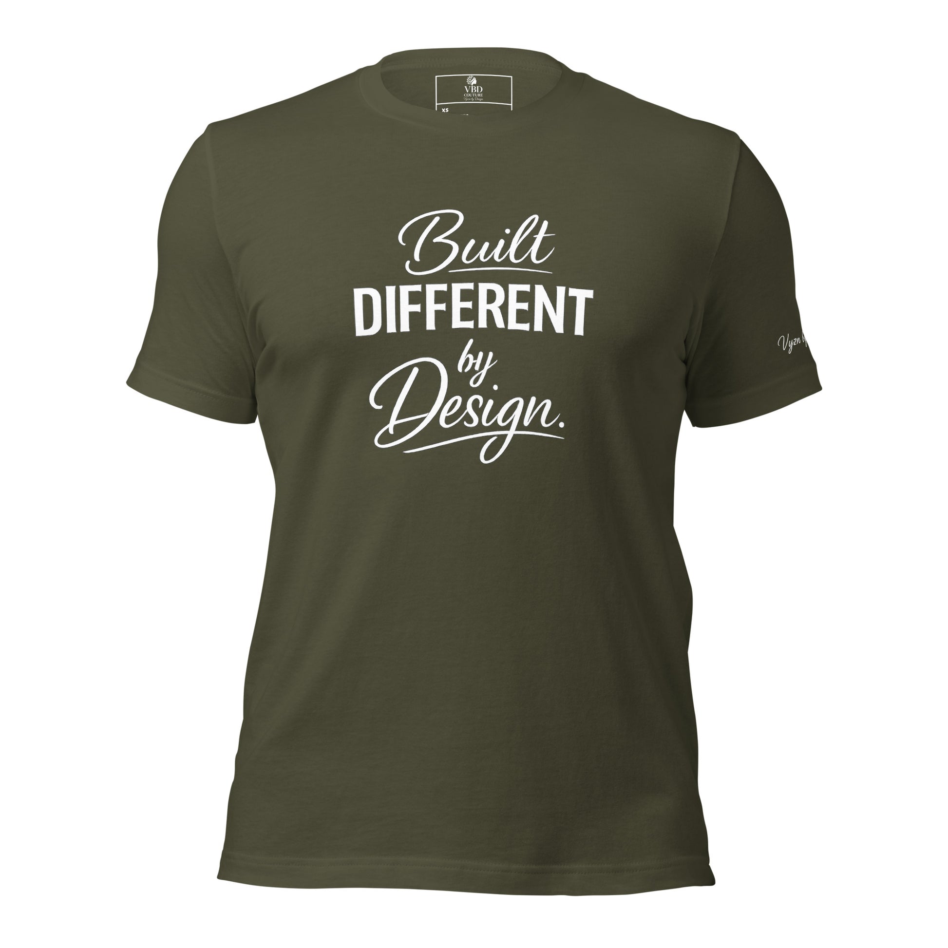 Unisex army shirt with premium typography reading Built Different by Design by VBD Couture from the Design to Be Different collection