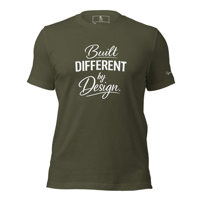 Unisex army shirt with premium typography reading Built Different by Design by VBD Couture from the Design to Be Different collection